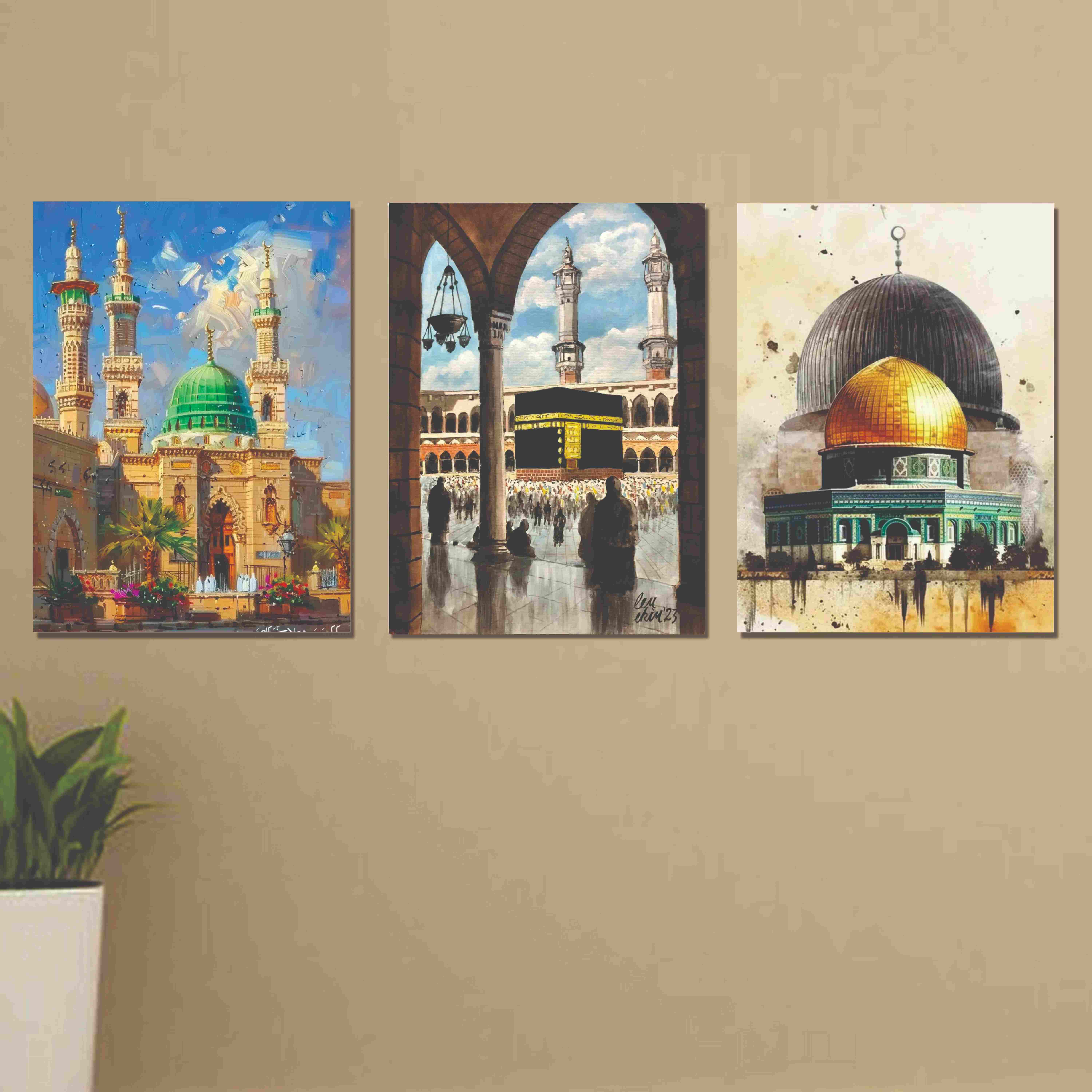 Set of 3 khana kaba masjid e nabwi al aqsa mosque beautiful islamic wall art buy online in Pakistan