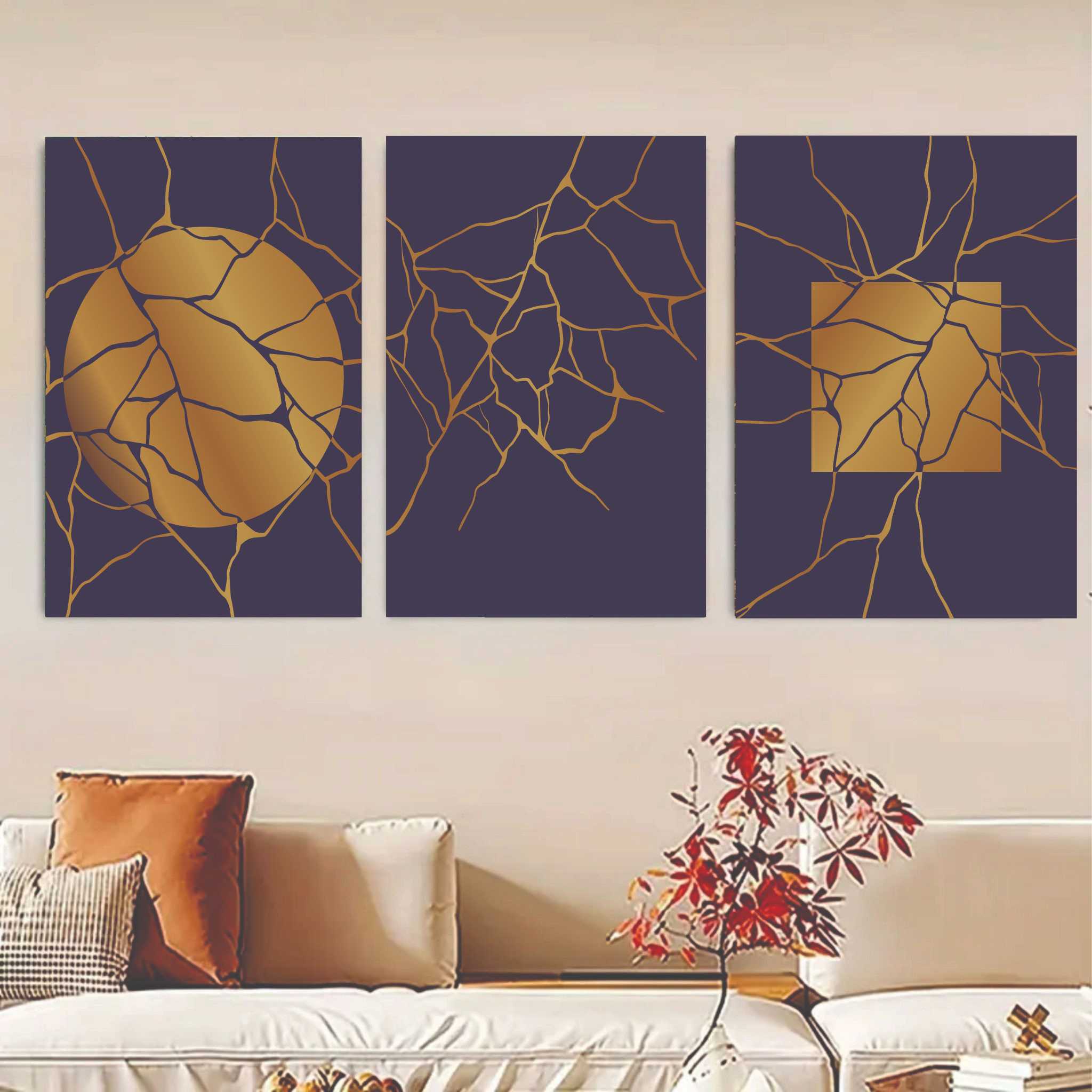 Set Of 3, Abstract golden moon Wall Art Photo Canvas Wooden Tile Frame buy online in Pakistan
