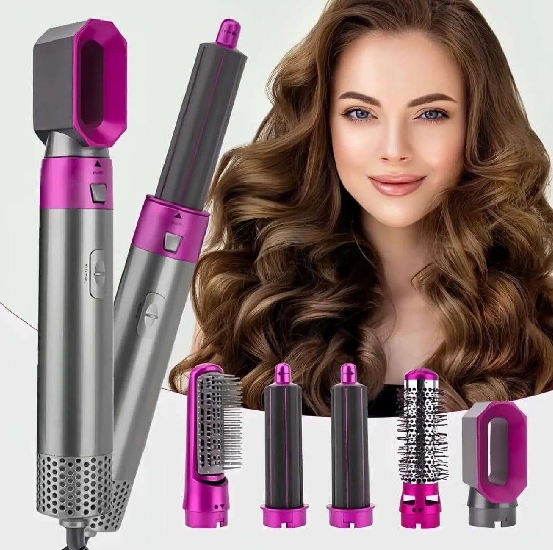 High Quality 5 In 1 Hair Styler Brush | Hair Straightener, Curler, Blow Dryer & Volumizer | Negative Ionic Electric Air Wrap With Detachable Brush Heads (Random Color) view 3