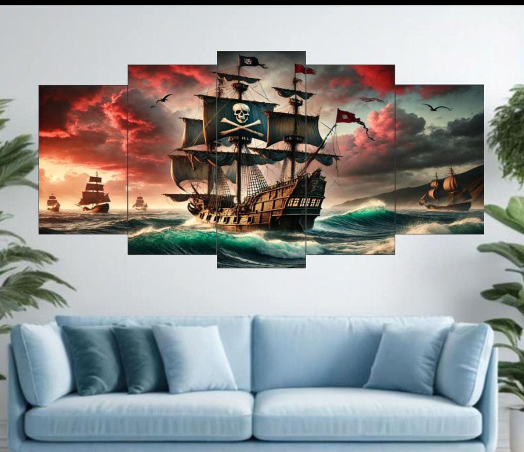 Pirate Ship Ocean Voyage Wall Art – 5-Piece Canvas Set (16x40 inches) | Wooden Sticky Tile Frames with Double Tape buy online in Pakistan