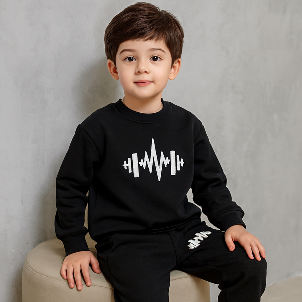 Black Cross Printed Fleece Winter Kids Tracksuit | Sweatshirt & Trousers Set for Boys & Girls – Warm & Cozy Outfit FOR BABY AND KIDS