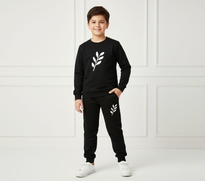 Kids Printed Stylish Black & Black Tracksuit Set | Winter Fleece Sweatshirt & Trouser Outfit for Boys & Girls - Buy Online in Pakistan at Zenbu Store