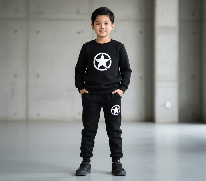 Kids Star Printed Black & Black Tracksuit Set | Winter Fleece Sweatshirt & Trouser Outfit for Boys & Girls - Buy Online in Pakistan at Zenbu Store