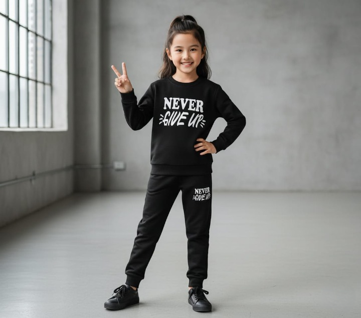 Kids “Never Give Up” Printed Black & Black Tracksuit Set | Winter Fleece Sweatshirt & Trouser Outfit for Boys & Girls - Buy Online in Pakistan at Zenbu Store