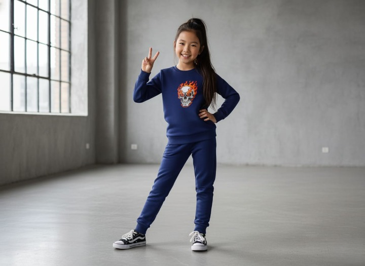 Kids Navy Blue Ghost Skull Printed Tracksuit Set | Winter Fleece Sweatshirt & Trouser Outfit for Boys & Girls - Buy Online in Pakistan at Zenbu Store