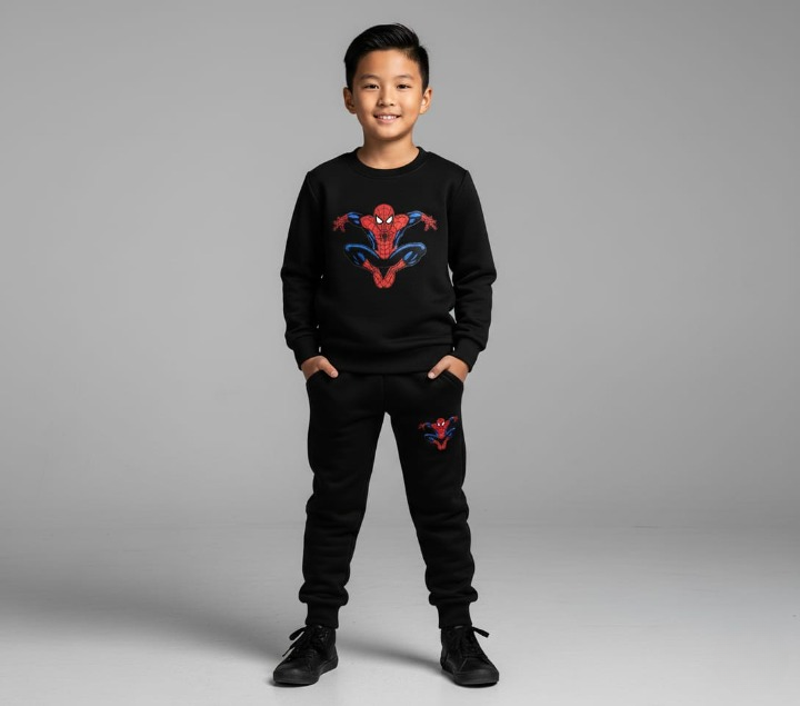 Kids Spider-Man Printed Black & Black Tracksuit Set | Winter Fleece Sweatshirt & Trouser Outfit for Boys & Girls - Buy Online in Pakistan at Zenbu Store
