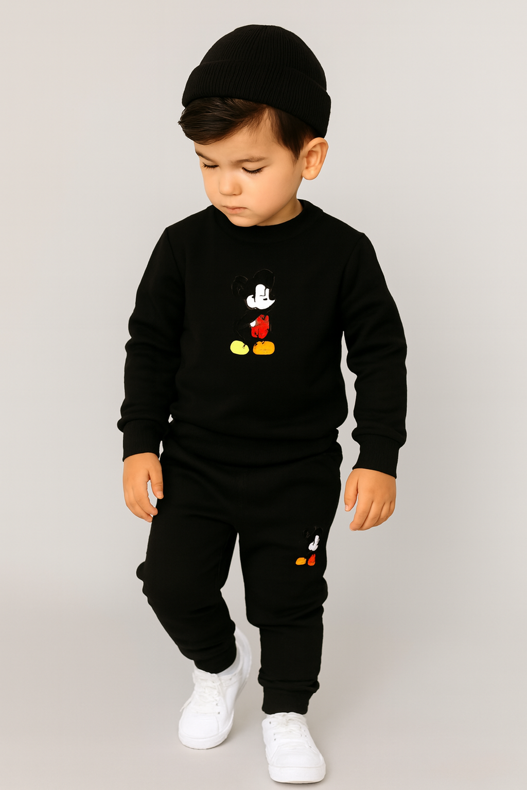 Black Mickey Mouse Printed Kids Tracksuit | Winter Fleece Sweatshirt & Trouser Set for Boys & Girls – Warm & Stylish Outfit FOR BABY AND KIDS