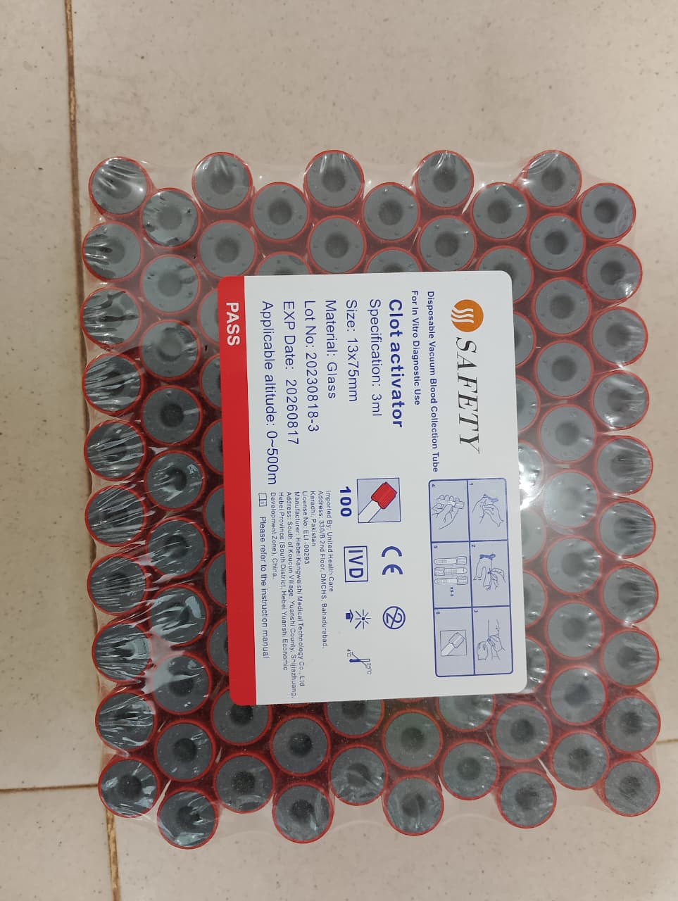 SAFETY Clot Activator Vacuum Blood Collection Tubes (Glass, 3ml, 13x75mm) - Pack of 100 buy online in Pakistan