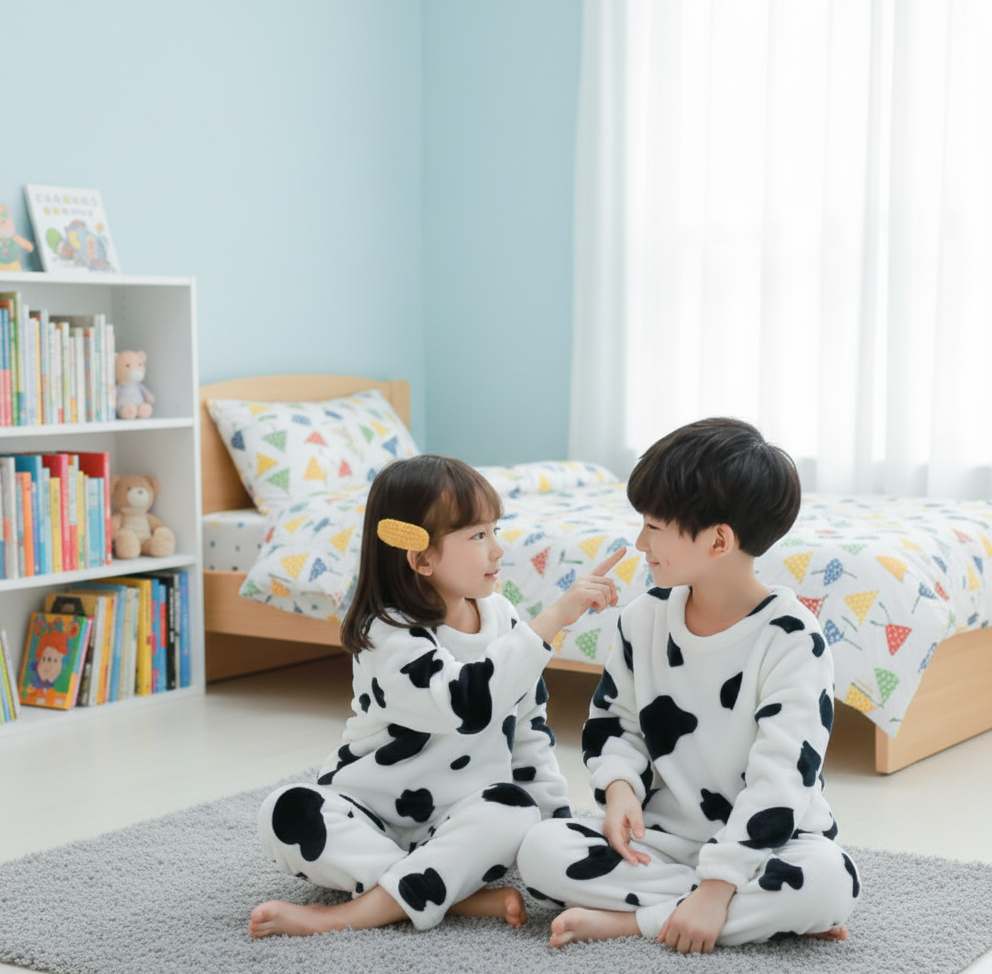 Ultra-Soft Fleece Kids Cow Print Pajamas | Plush Flannel Winter Loungewear Set for Boys & Girls - Buy Online in Pakistan at Zenbu Store