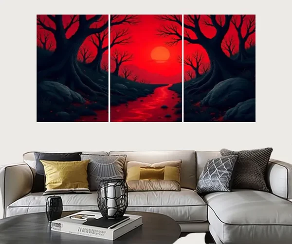 Set of 3 Surreal Red Landscape Wall Art Frames – 8x11