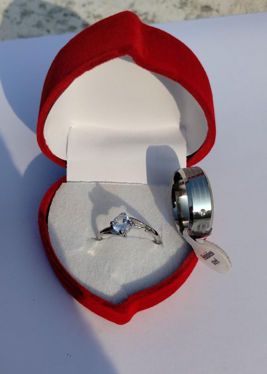 Elegant Stainless Steel Eternal Promise Couple Ring Set Featuring a Sparkling Solitaire Engagement Ring and a Sophisticated Modern Band for Lovers ( free size ) thumbnail 3