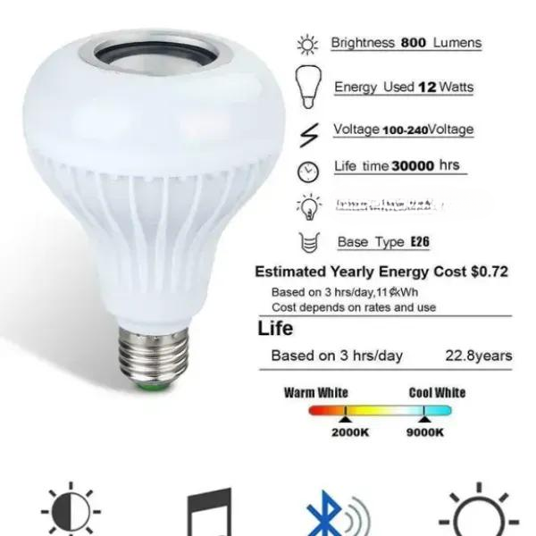 Smart E27 LED RGB White 12W Wireless Bluetooth Speaker Bulb Lamp Colorful Changing Light Remote and App Control view 3