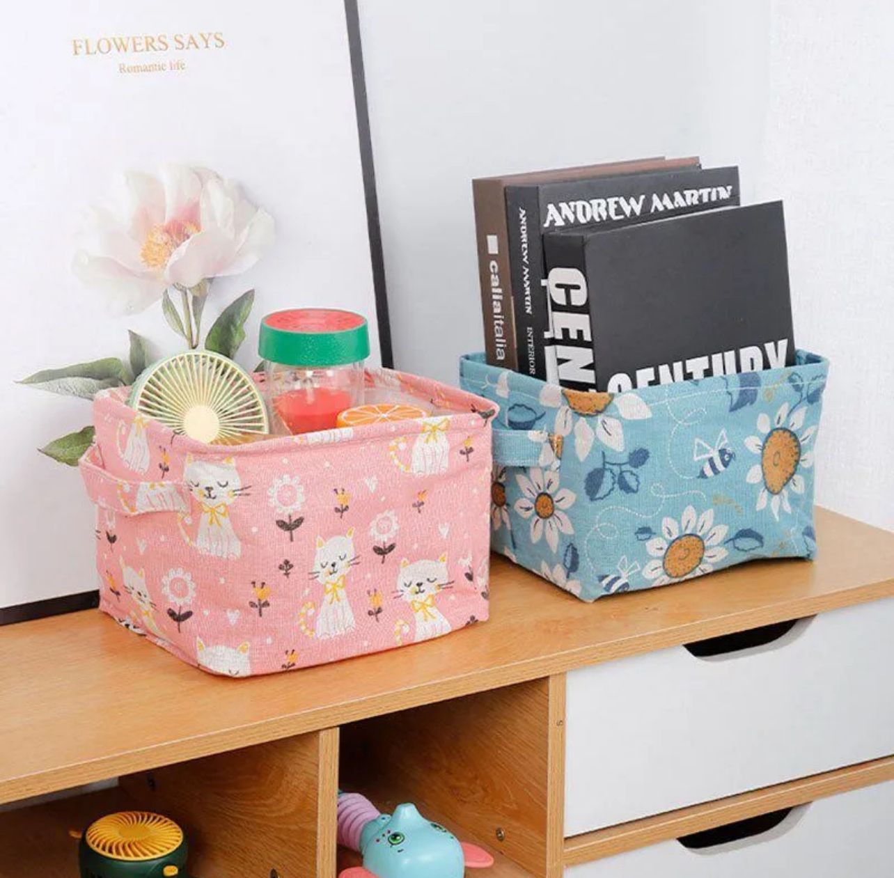 Foldable Desktop Storage Basket | Waterproof Cotton Linen Organizer | Mini Square with Handles (Random Colour And Design) buy online in Pakistan