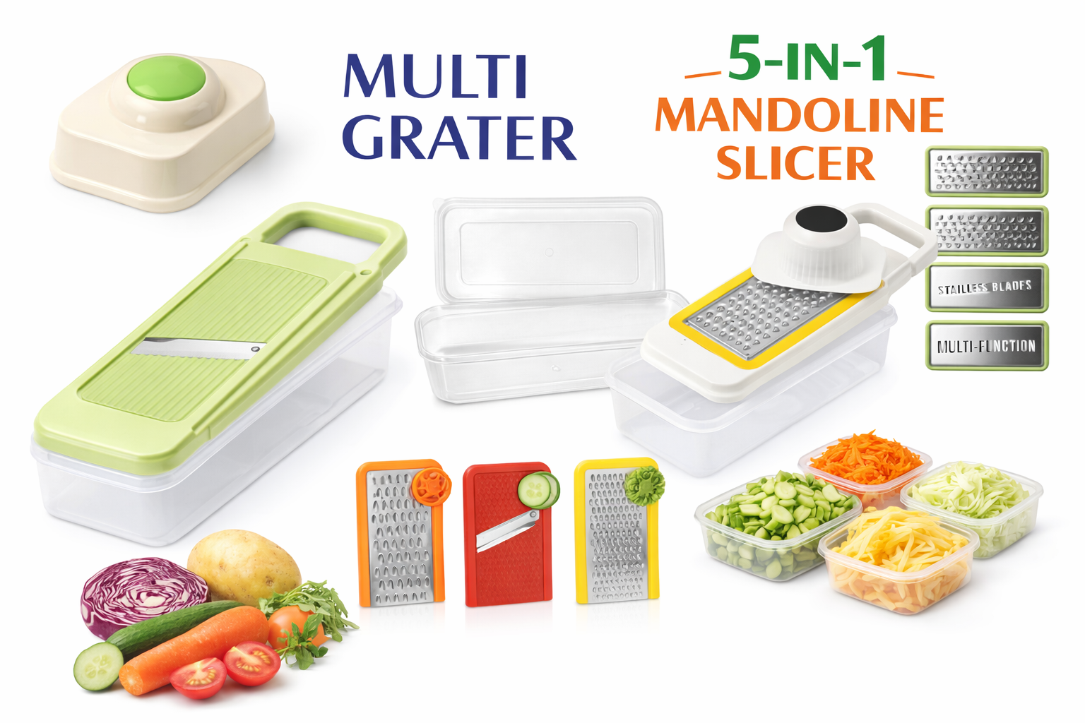5-in-1 Multi Grater & Mandoline Slicer with Storage Box – Stainless Steel Blades Vegetable & Fruit Cutter buy online in Pakistan