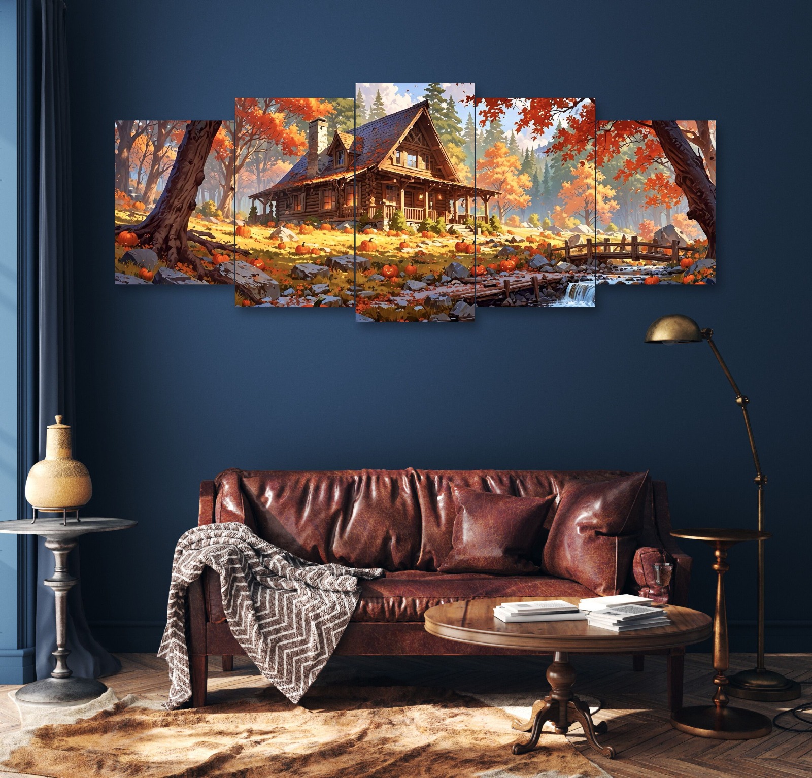 Autumn House Set of 5 Frames | 16x40 Inch | Wooden Sticky Tiles | Easy Wall Mount with Double Tape buy online in Pakistan
