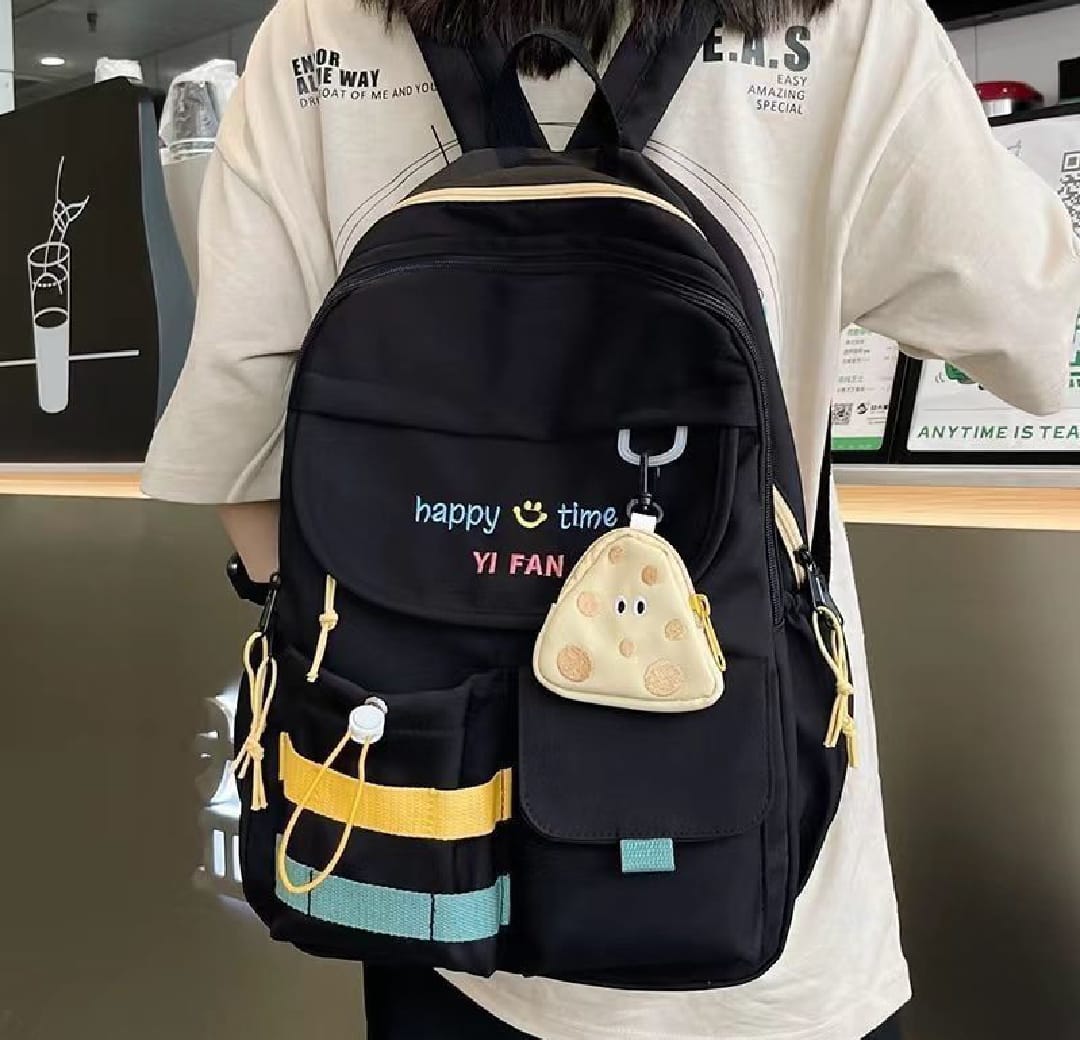 Stylish Black Backpack with Blue & Yellow Stripes + Cute Mouse-Shaped Coin Purse | Lightweight, Durable, School & Travel...