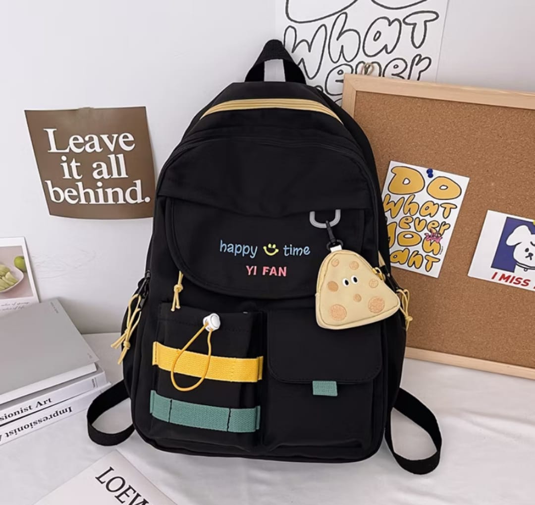 Stylish Black Backpack with Blue & Yellow Stripes + Cute Mouse-Shaped Coin Purse | Lightweight, Durable, School & Travel Bag - Buy Online in Pakistan at Zenbu Store