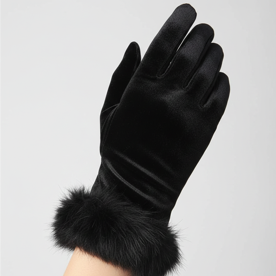 Women's & Girls Black Winter Velvet Gloves with Fur Cuff – Warm Soft Hand Gloves (1 Pair) buy online in Pakistan