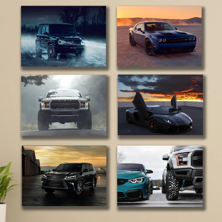 set of 6 sports car themed wooden canvas frames / super cars sticky phototiles buy online in Pakistan