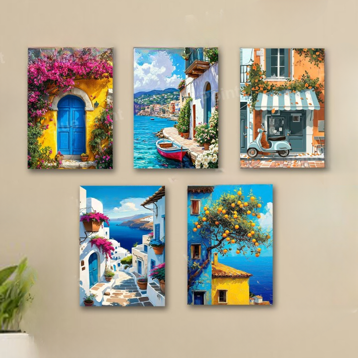 Set of 5 italian mediterranean vintage homes aesthetic art themed wall art wooden sticky Phototile frames for wall home and girls room decoration buy online in Pakistan