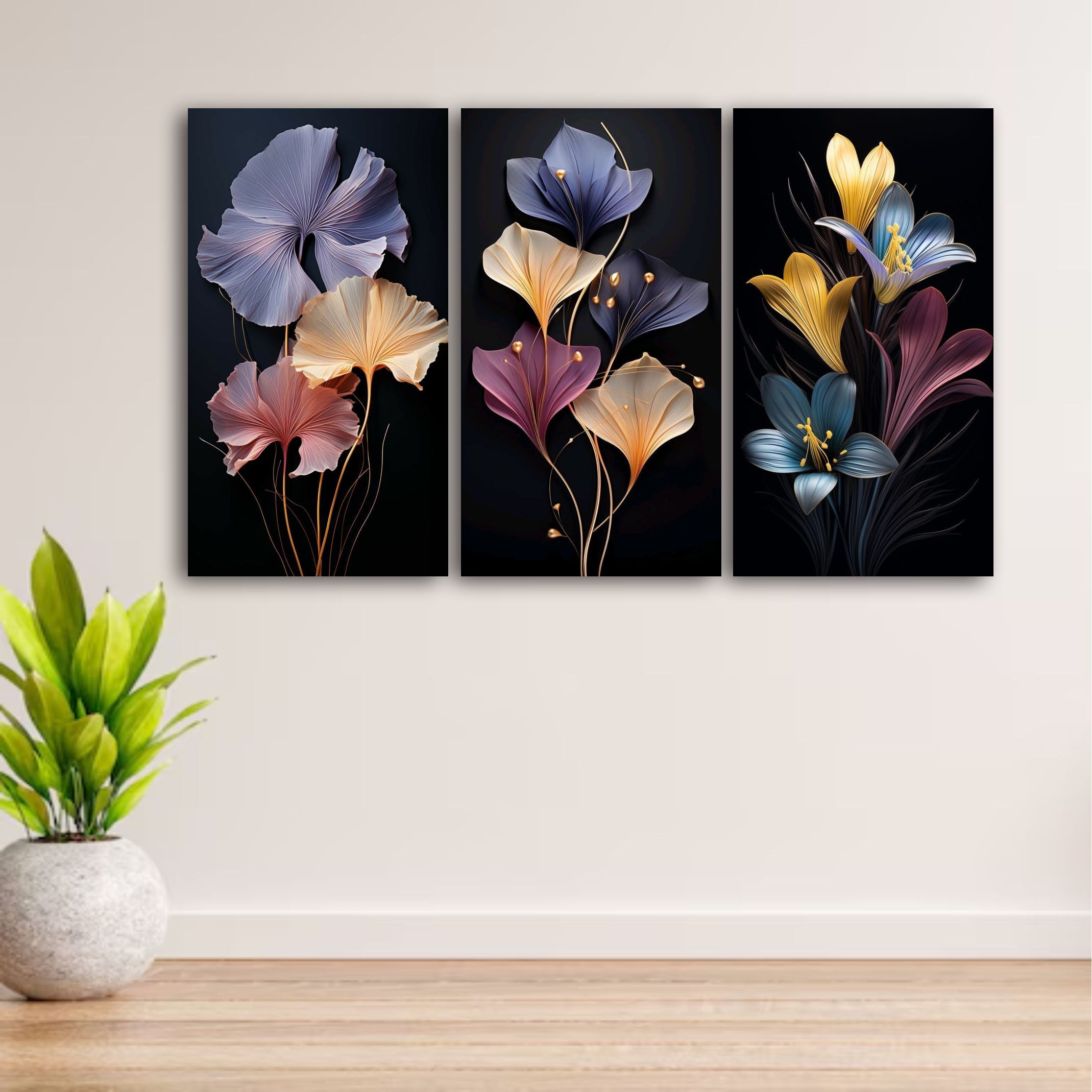 Set Of 3 Flowers Art Wooden Frames For Wall Decoration / Sticky Photo Tiles buy online in Pakistan
