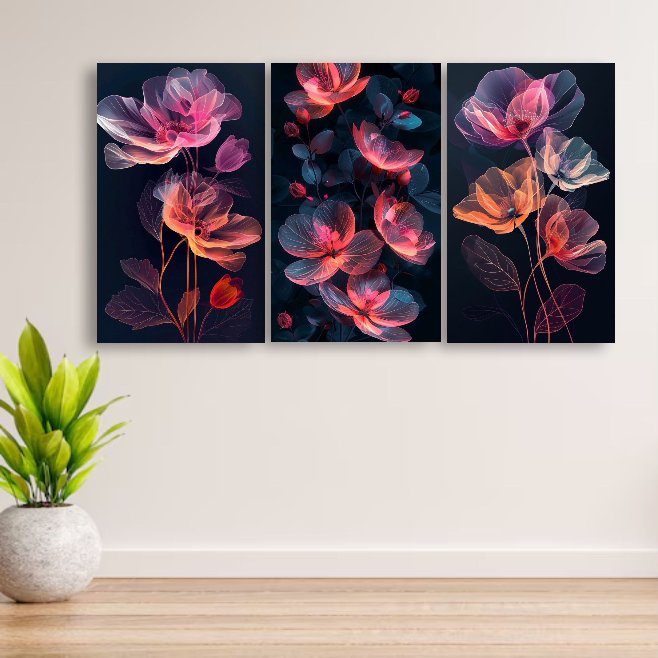 Set Of 3 Flowers Art Wooden Frames For Wall Decoration / Sticky Photo Tiles buy online in Pakistan