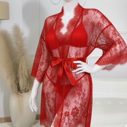 3 Piece Net Gown Set with Bra & Panty | Soft Lace Robe Lingerie | Free Size (fit upto 38 chest) - Buy Online in Pakistan at Zenbu Store (Image 10)