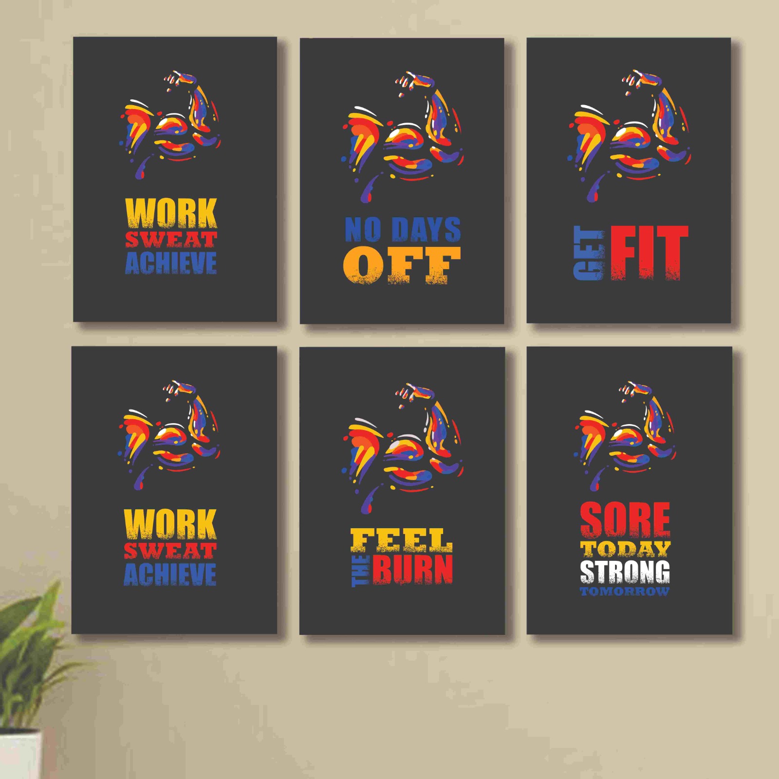 6 Pc Wall Decor Cardboard Phototiles With Double Tape Motivational Gym Quotes Work Hard Biceps Triceps buy online in Pakistan