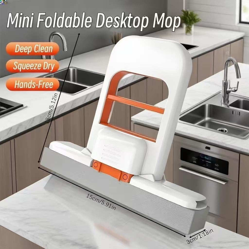 Foldable Desktop Mini Sponge Mop | Portable Wet & Dry Cleaning | Self‑Squeezing Mop for Kitchen, Bathroom, Car & Glass
