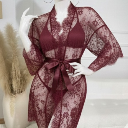 3 Piece Net Gown Set with Bra & Panty | Soft Lace Robe Lingerie | Free Size (fit upto 38 chest) - Buy Online in Pakistan at Zenbu Store (Image 9)