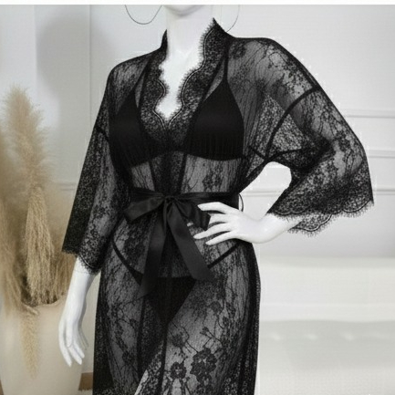 3 Piece Net Gown Set with Bra & Panty | Soft Lace Robe Lingerie | Free Size (fit upto 38 chest) - Buy Online in Pakistan at Zenbu Store