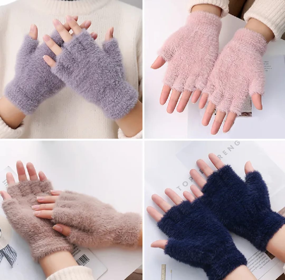 Winter Half Finger Pair Gloves For Women Plush Warm Fingerless Pair Gloves In Multicolor (Random Color) - Buy Online in Pakistan at Zenbu Store
