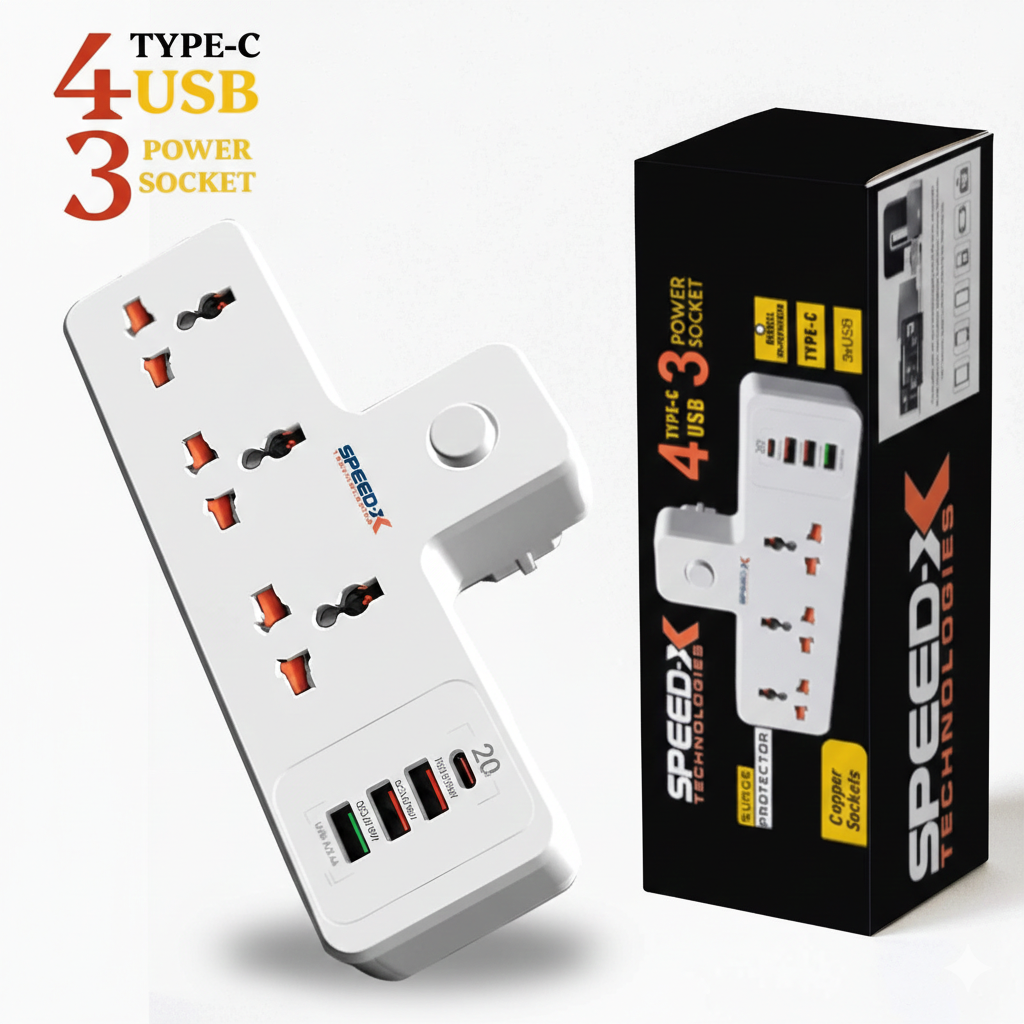 ProfessionProfessional Premium Portable Power Strip 3 Sockets + 3 USB + 1 Type-C Port From International Brand Speed-Xal Premium Portable Power Strip 3socket+3usb+1type-c Port from International Brand: Speed-x view 4