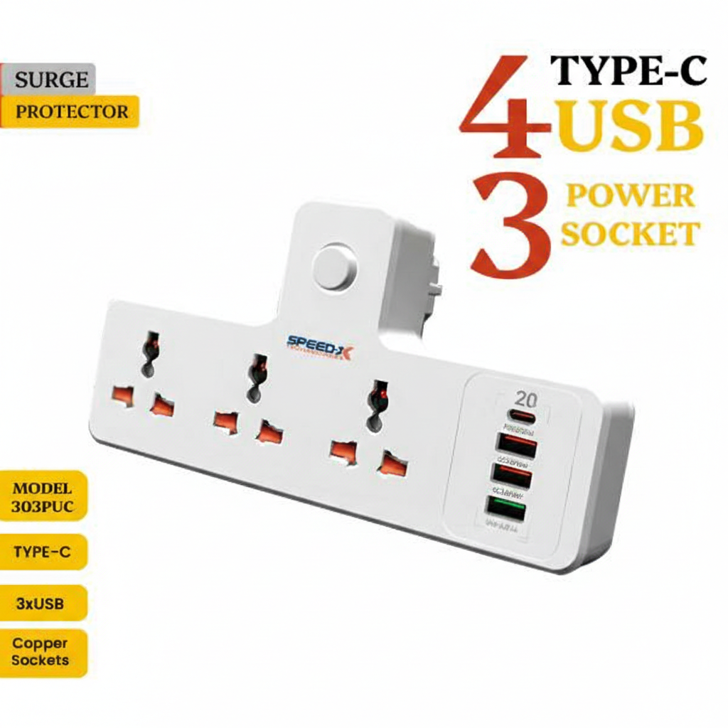 ProfessionProfessional Premium Portable Power Strip 3 Sockets + 3 USB + 1 Type-C Port From International Brand Speed-Xal Premium Portable Power Strip 3socket+3usb+1type-c Port from International Brand: Speed-x view 5