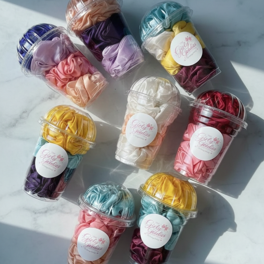 4Pc Colorful Satin Scrunchie Set In Clear Dome Lid Cups With Girly Goodies Label (Random Colour) buy online in Pakistan