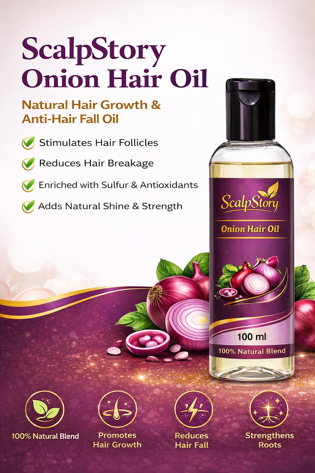 Onion Hair Oil – Natural Hair Growth & Anti-Hair Fall Oil with Sulfur & Antioxidants | Strengthens Roots & Adds Shine |...