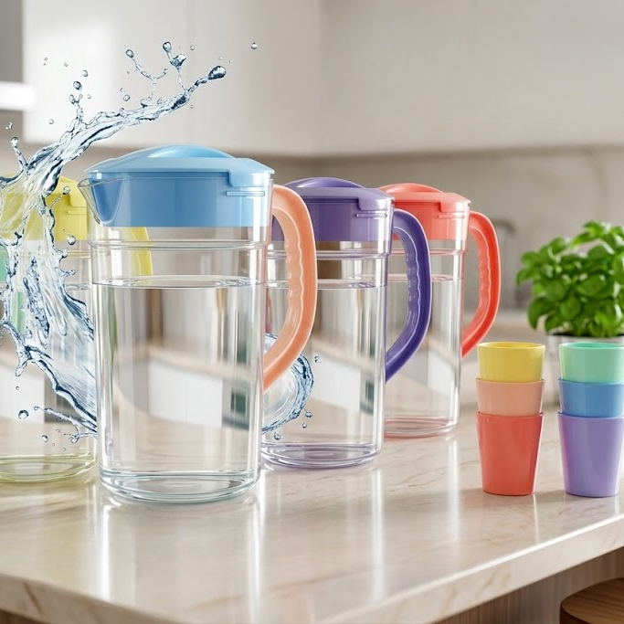 Premium 2.8 Liter Water Jug with 6 Glasses – Unbreakable Plastic Drinkware Set for Home & Office (Random Color) buy online in Pakistan