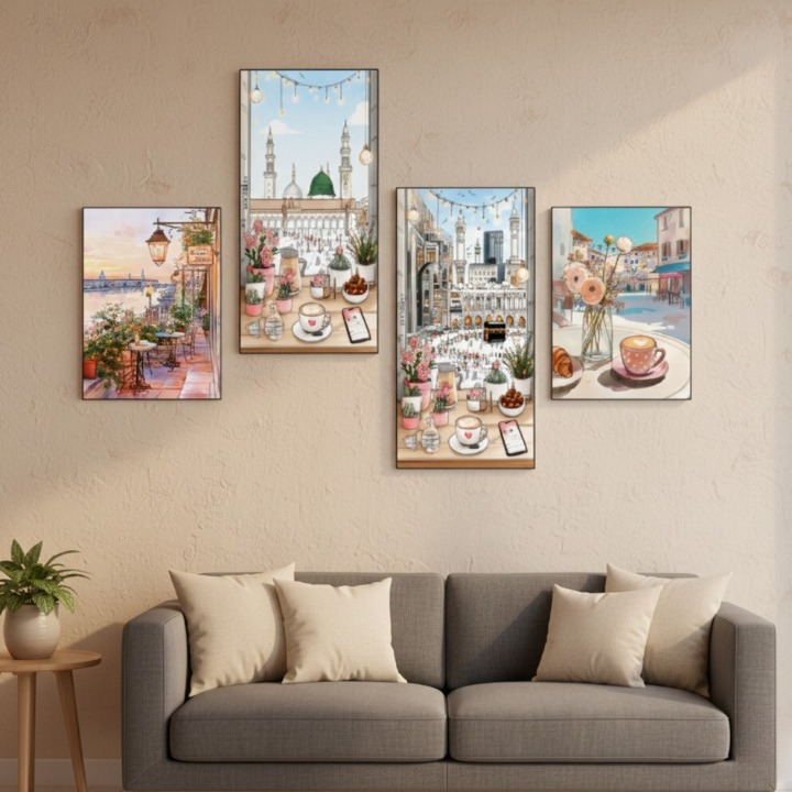 Set of 4 Modern Islamic Wall Art Prints | Wooden Sticky Tiles | 8x16