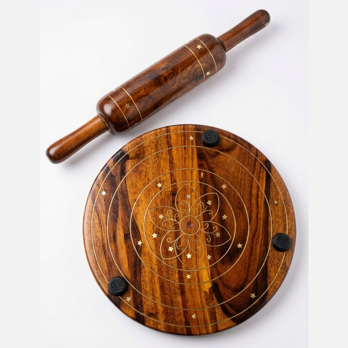 Shesham Wood & Brass Patra Bellon Set – Premium Roti Making Board & Rolling Pin buy online in Pakistan