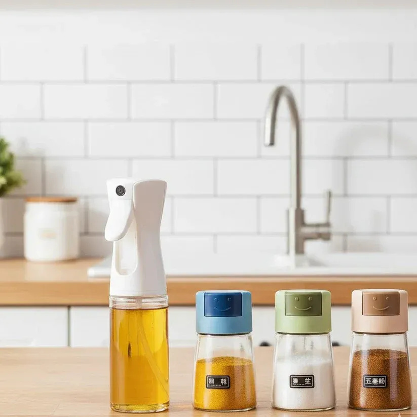 4Pcs Oil And Spice Countertop Set Daisy Glass Seasoning Organizer With 3 Jars 180ml And 1 Oil Bottle 245ml buy online in Pakistan