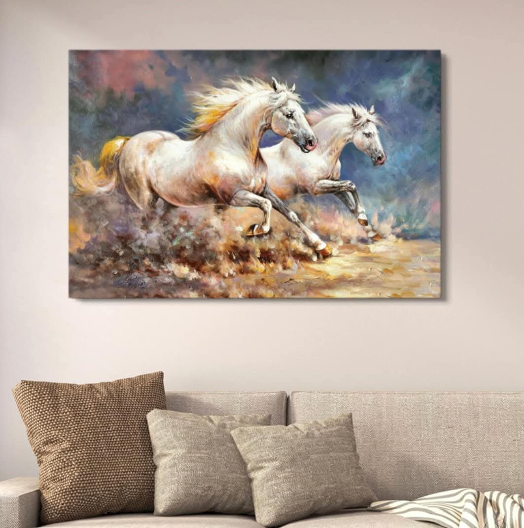 Two Galloping White Horses On The Plains Canvas Wall Art With Double Tape | 12x16 Inches buy online in Pakistan