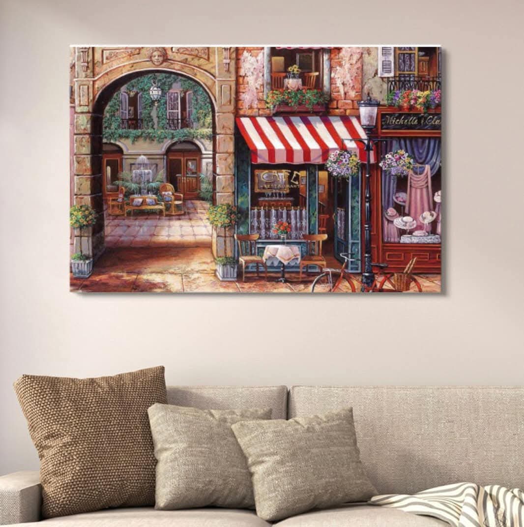 Romantic European Café Wall Art Canvas | Vibrant Street Scene Painting for Home Decor | Large Landscape Wall Decor - 12x16 Inches buy online in Pakistan