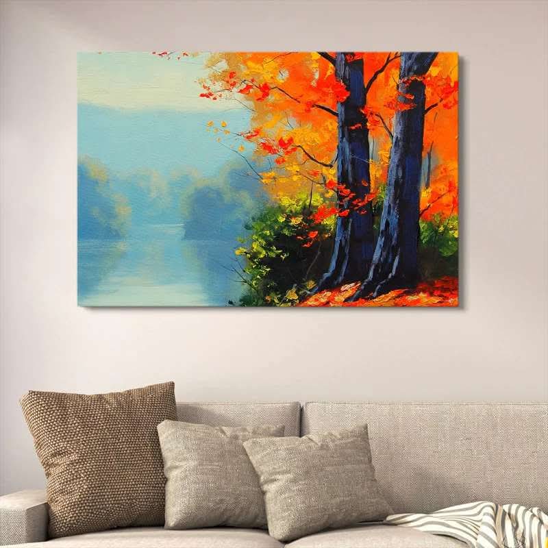Autumn Forest River Canvas Art | Vibrant Fall Landscape Wall Decor | Artistic Nature Painting Wooden Art Frame | 12x16 Inches buy online in Pakistan