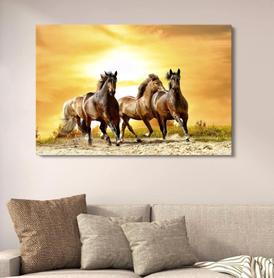 Golden Sunset Running Horses Canvas Art | Seven Horses Vastu Wall Decor | Artistic Animal Painting for Home | 12x16 Inches buy online in Pakistan