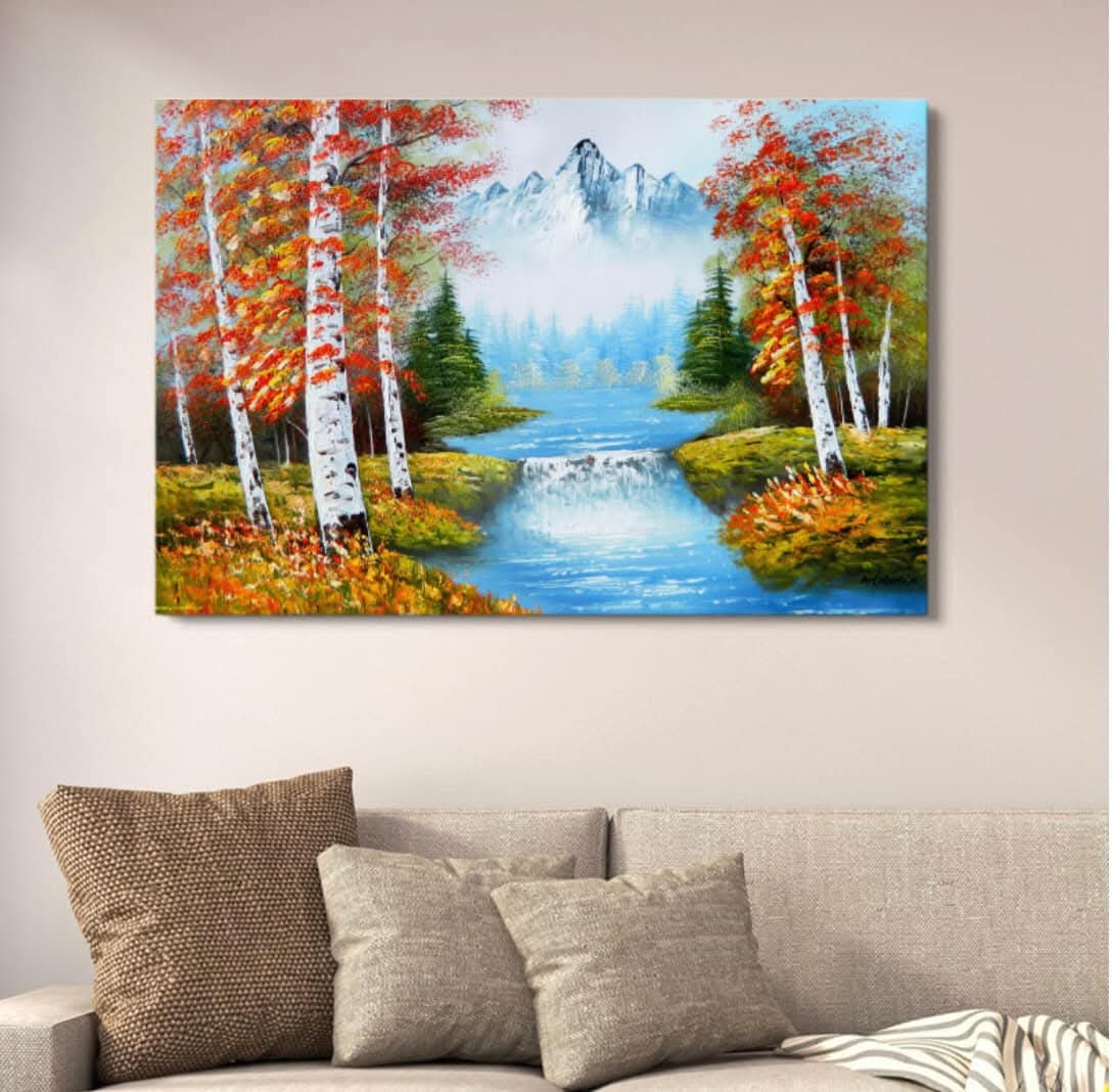 Autumn Mountain River Canvas Art | Scenic Nature Landscape Wall Decor | Artistic Forest Painting for Home | 12x16 Inches buy online in Pakistan