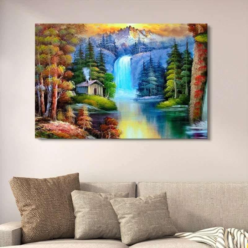 Scenic Mountain Waterfall Wooden Art Frame | Peaceful Forest Cabin Wall Decor |Artistic Nature Painting Piece 12x16 Inches buy online in Pakistan