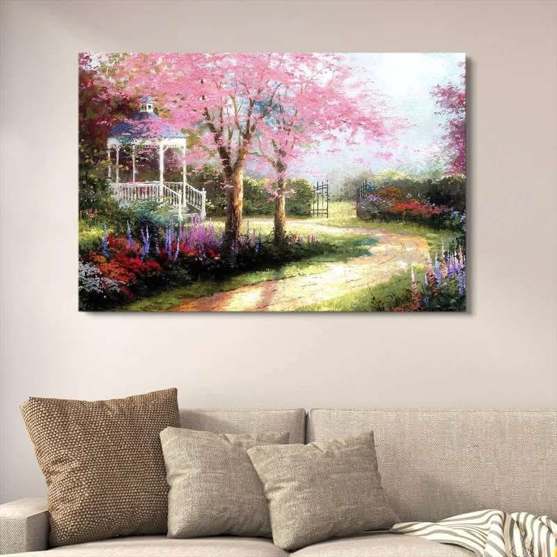 Pink Cherry Blossom Garden Wall Decor | Romantic Gazebo Landscape Painting | Wooden Art Frame 12x16 Inches buy online in Pakistan