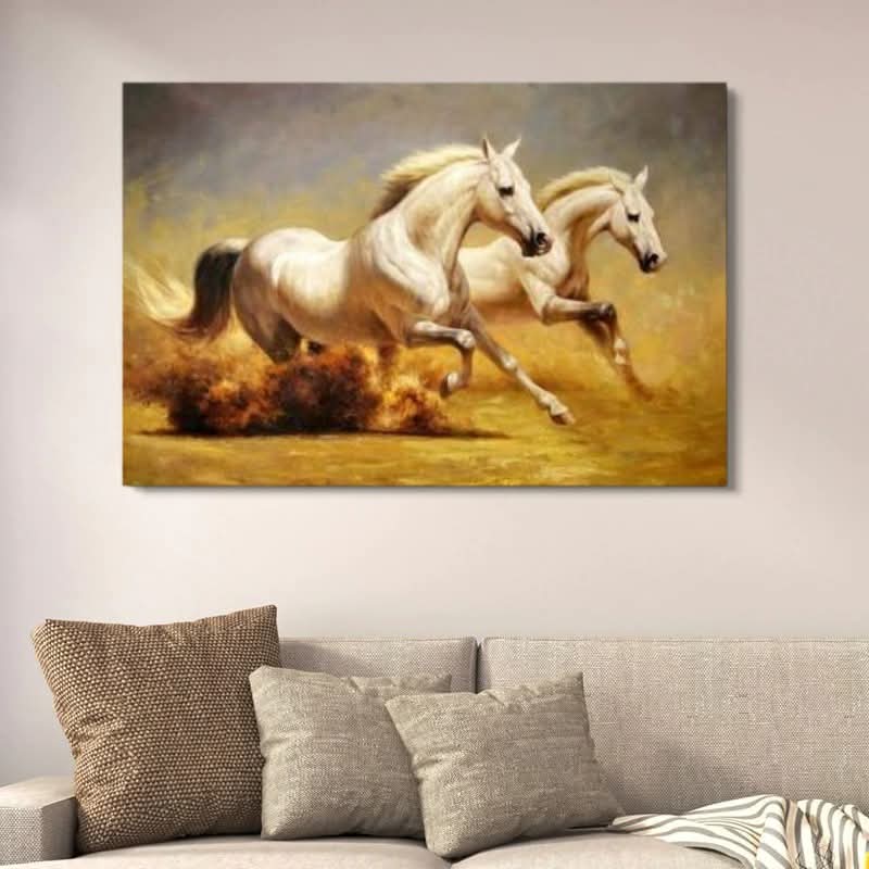 Galloping White Horses Wall Decor | Majestic Stallion Running Action Painting | Wooden Art Frame 12x16 Inches buy online in Pakistan