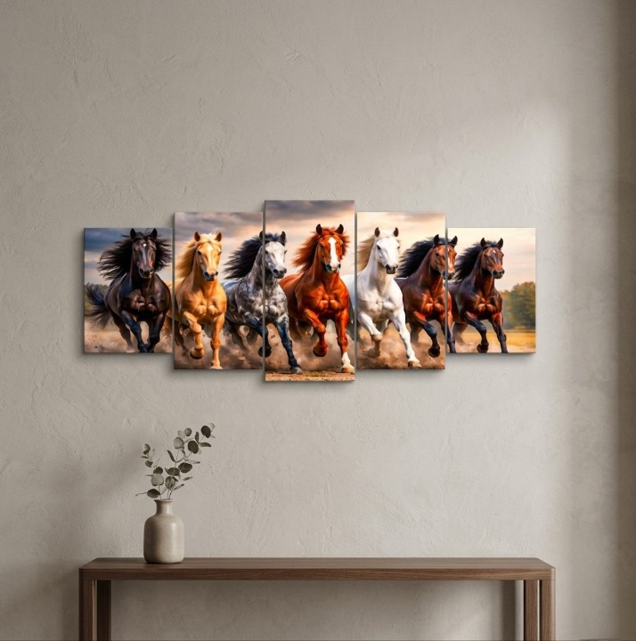 Seven Galloping Horses Panoramic Wooden Wall Art Frame Set | 5-Piece Majestic Equine Wildlife Sticky Tiles | Modern Success & Speed Decor | 40x16 Inch buy online in Pakistan