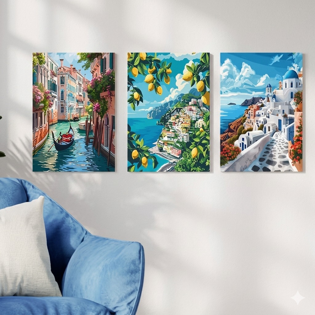3Pcs Scenic Canvas Wall Art | Italian & Greek Landscape Paintings With Double Tape buy online in Pakistan
